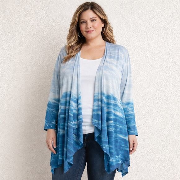 Soft Surroundings Sweaters - Soft Surroundings Waterfall Cardigan 1X | Ombre Blue Draped Open Front High Low